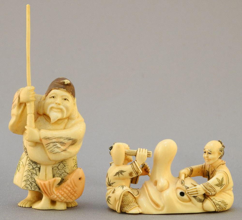 2 Japanese Figural Netsukes: Ebisu & Mask Makers, 3 1/4"H & 2"L, No Export. (1 of 3)