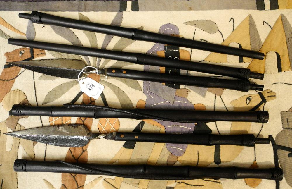 Pair of African Ebony Carved Spears, 51 1/2" Length.: Pair of African Ebony Carved Spears, 51 1/2" Length.