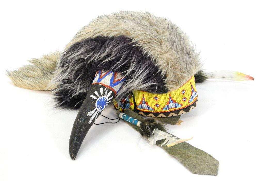 First Nations Beaded & Faux. Fur Trimmed Horned Headdress. (1 of 2)