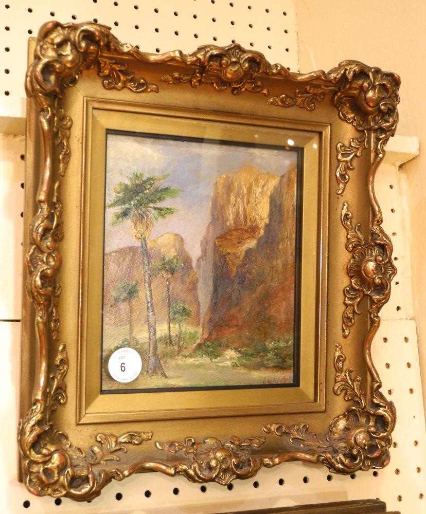 Oil on Board Signed R.*. Ba*ter, 8 3/8" x 7", "The Palms, California": Oil on Board Signed R.*. Ba*ter, 8 3/8" x 7", "The Palms, California"