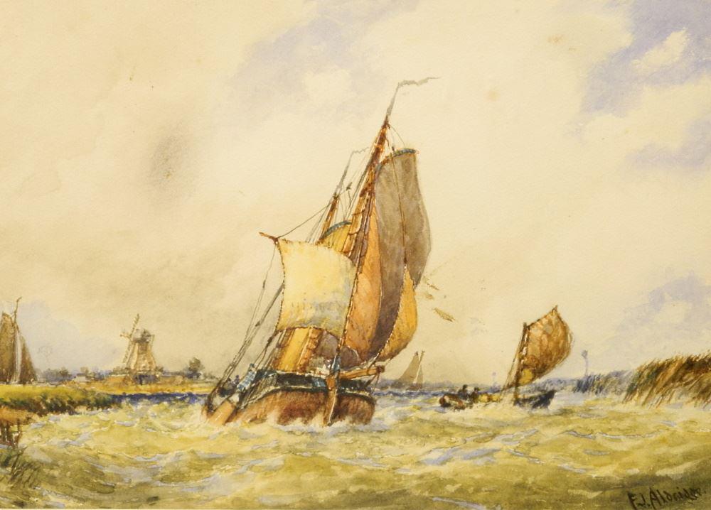 Watercolour signed F.J. Aldridge, 9 3/4" x 13 3/4", "Coastal View with Windmill".: Watercolour signed F.J. Aldridge, 9 3/4" x 13 3/4", "Coastal View with Windmill".