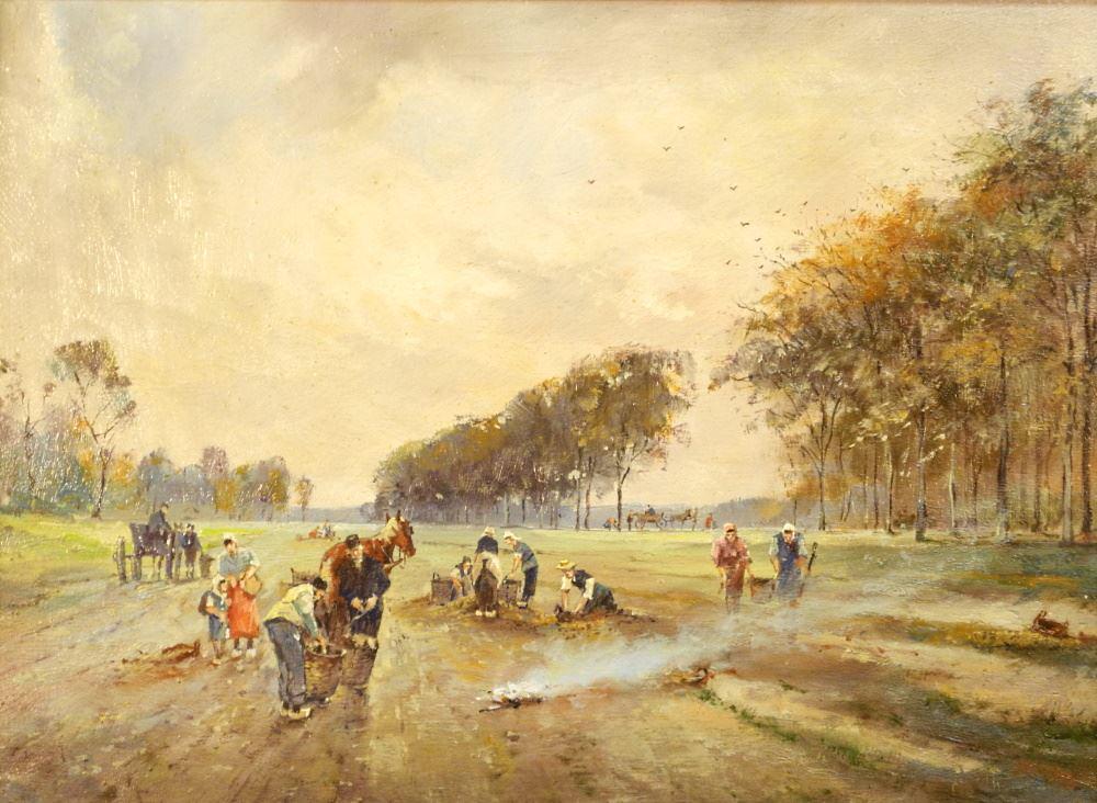 Oil on Board Signed Indistinctly, 11 1/4" x 15", "Working a Field". (1 of 3)