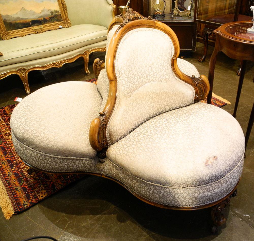 Mid-Victorian Mahogany Conversation Chair, 51" Wide.: Mid-Victorian Mahogany Conversation Chair, 51" Wide.