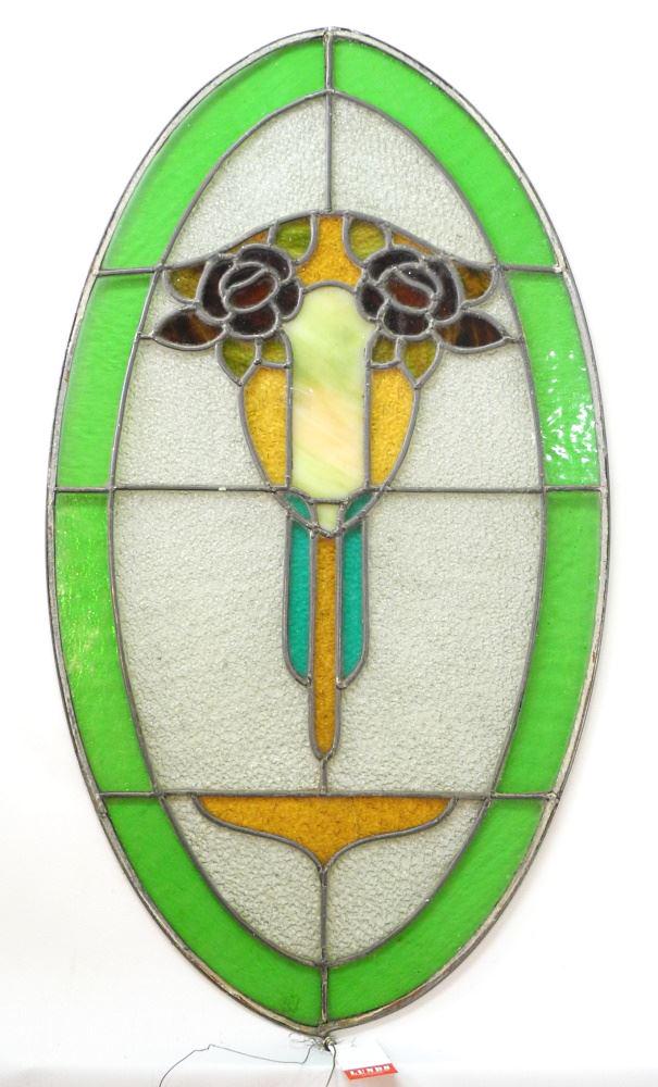 Arts & Crafts Style Oval Leaded Glass Panel, 32 1/4" x 17 7/8".: Arts & Crafts Style Oval Leaded Glass Panel, 32 1/4" x 17 7/8".
