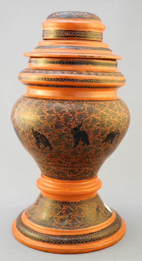 Burmese Red Lacquer Offering Bowl, 4 Sections, As Found, 12 3/8" High. (1 of 2)