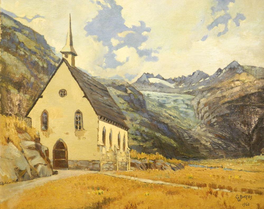 Oil on Board Signed G.W.(George William) Bates 1960, 19 1/4" x 23 3/8", "Country Church". (1 of 3)