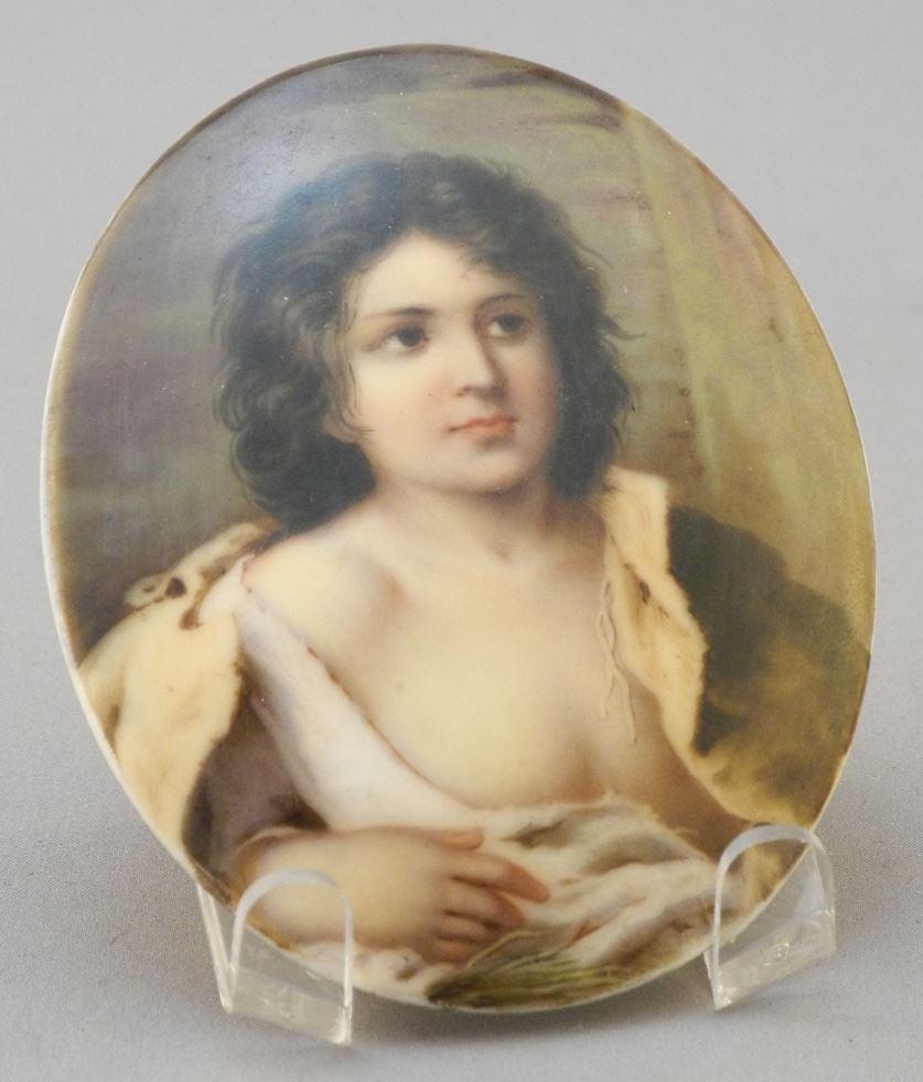Antique Hand Painted German Porcelain Plaque, Signed Verso, 3 1/2" x 2 3/4". (1 of 2)