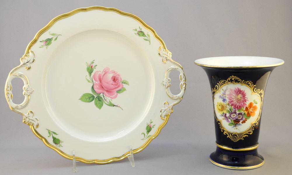 2 Pieces of Meissen Porcelain: Cobalt Ground Vase (6 5/8") & an Handled Plate, 11 5/8". (1 of 6)