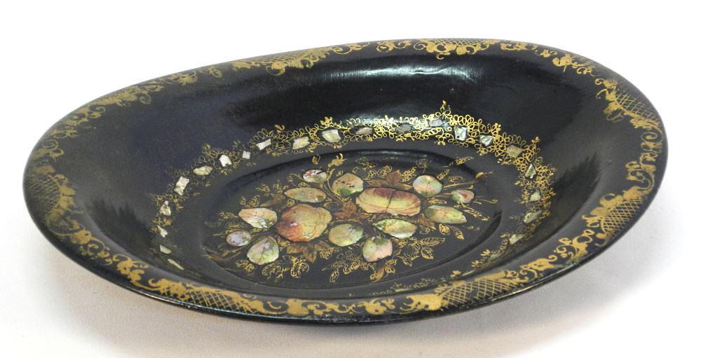 19th Century Papier Mache Dish, Gilt with Inlay, 13 3/4" Wide.: 19th Century Papier Mache Dish, Gilt with Inlay, 13 3/4" Wide.