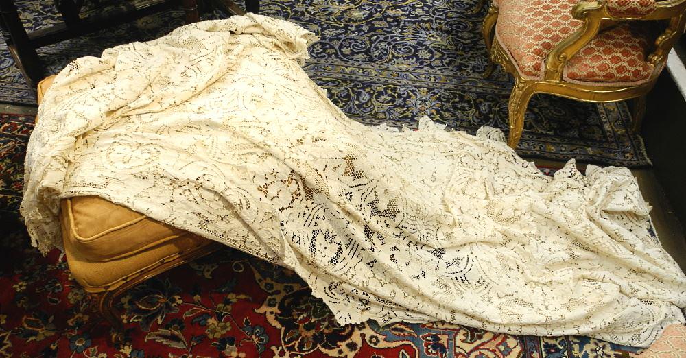 19th Century Italian Lace & Linen Table Covering, Approximately 8' x 20'. (1 of 2)