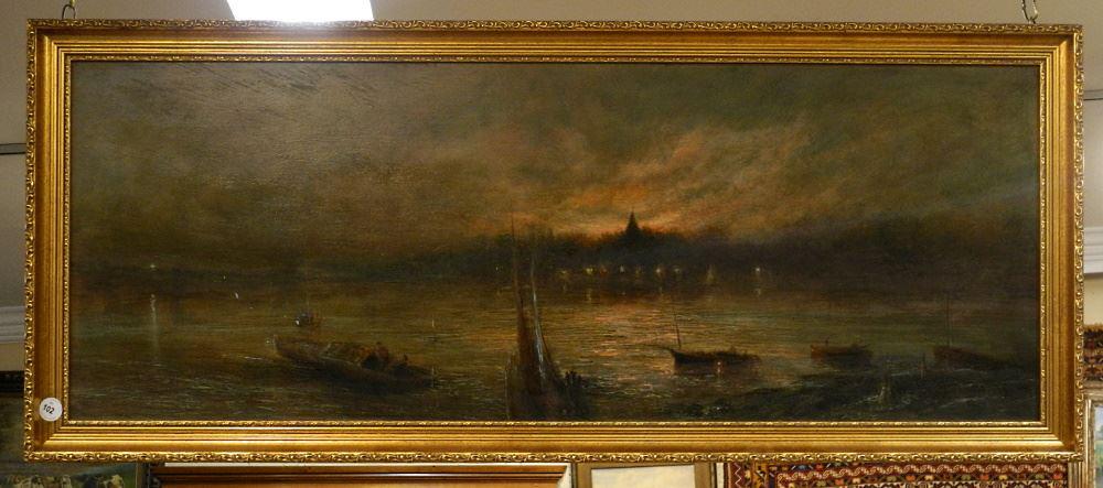 Oil on Masonite Signed F.(Fredrick) Stafford Verso, 18" x 47", "Bosham Sussex Moonlight", 1961.: Oil on Masonite Signed F.(Fredrick) Stafford Verso, 18" x 47", "Bosham Sussex Moonlight", 1961.