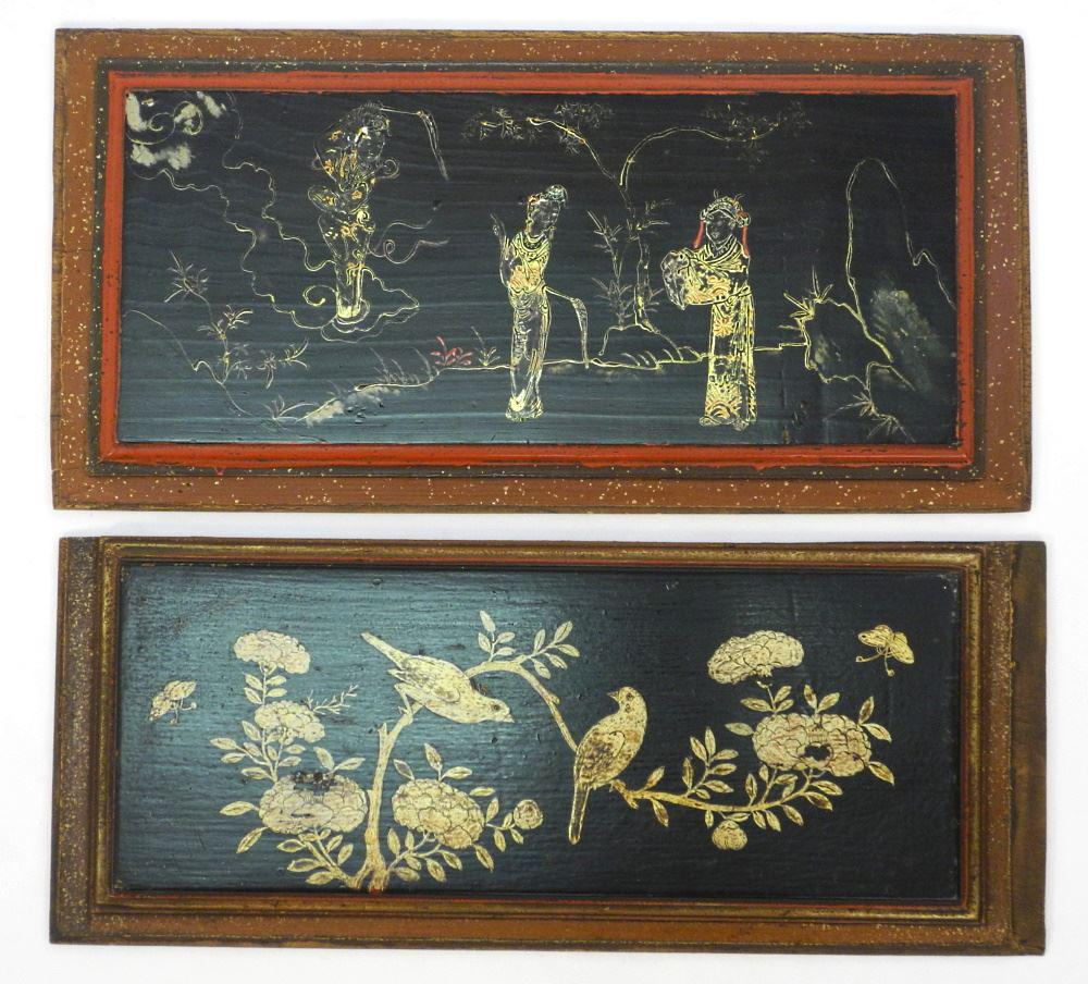 2 Chinese Gilt & Scarlet Lacquer Architectural Panels, Larger 7 3/4" 15 1/2". (1 of 1)