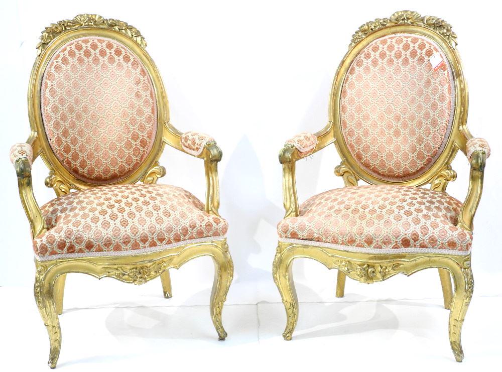 Pair of Louis XV Cameo Back Gilt Wood Armchairs, 41 1/2" High.: Pair of Louis XV Cameo Back Gilt Wood Armchairs, 41 1/2" High.