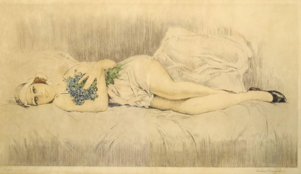 Coloured Etching Signed Gustave Brisgand, 12 5/8" x 22 1/16", "Beauty in Repose", 27/350: Coloured Etching Signed Gustave Brisgand, 12 5/8" x 22 1/16", "Beauty in Repose", 27/350