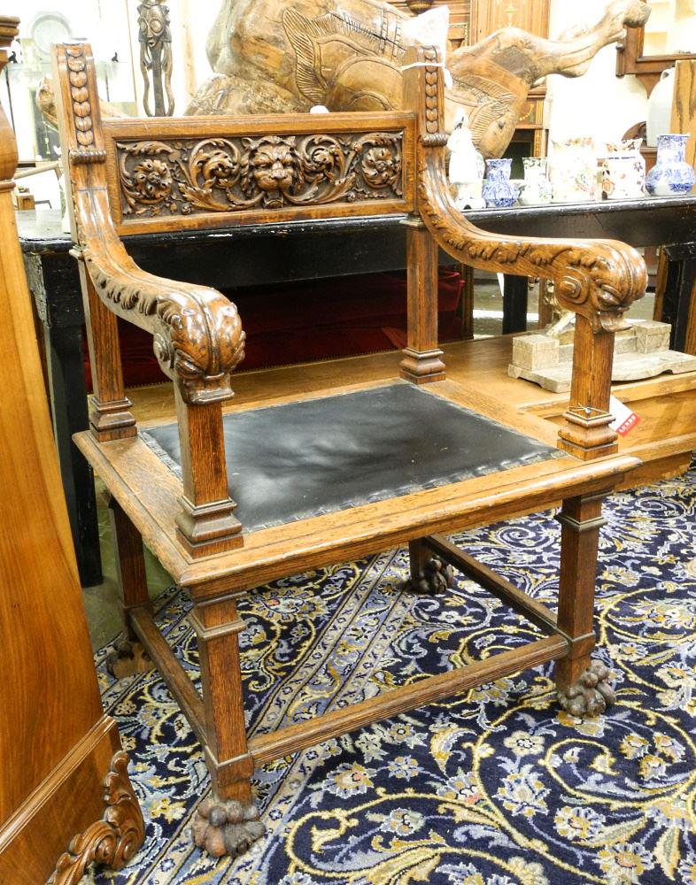 Oak Pawfoot Armchair, 1 Paw Lacking, 28" wide.: Oak Pawfoot Armchair, 1 Paw Lacking, 28" wide.