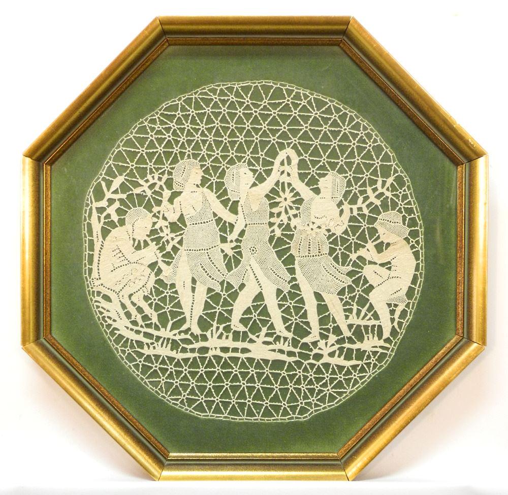Antique Lace Panel "Three Graces", 15 3/4" Diameter, Framed. (1 of 3)