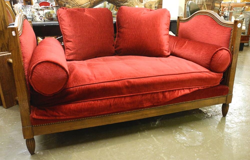 Louis XVI Red Velvet & Walnut Day Bed, 58 1/4" Length.: Louis XVI Red Velvet & Walnut Day Bed, 58 1/4" Length.