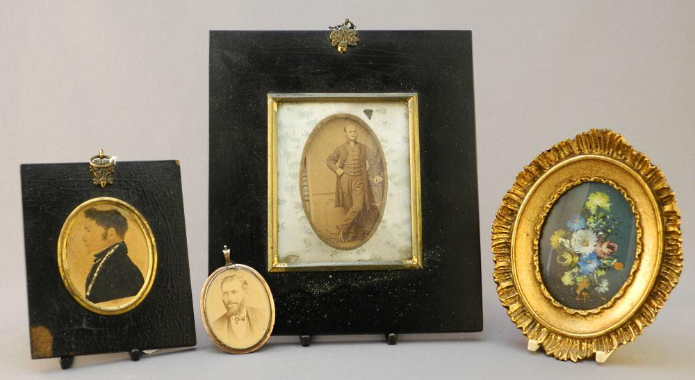 Collection of 4 Portraits & Miniatures, 1 in Yellow Metal Locket, Largest 8" high.: Collection of 4 Portraits & Miniatures, 1 in Yellow Metal Locket, Largest 8" high.
