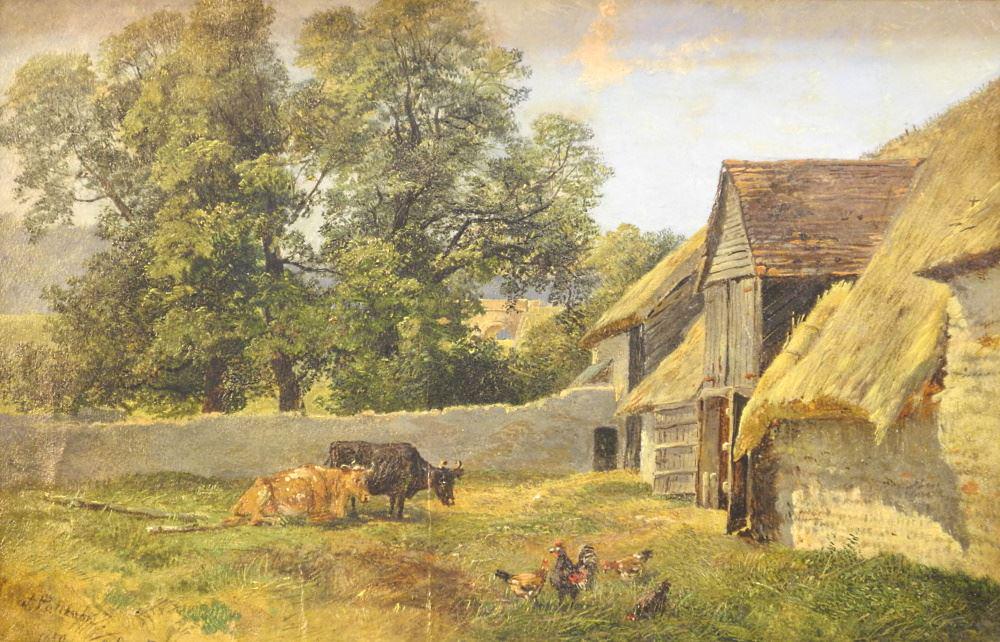 Oil on Paper Laid Down Signed A. (Alfred) Bennett 1859, 9 1/2" x 15", "Barn Near Potham".: Oil on Paper Laid Down Signed A. (Alfred) Bennett 1859, 9 1/2" x 15", "Barn Near Potham".