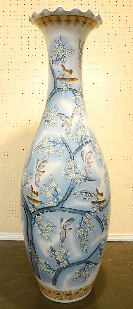 Chinese Porcelain Temple Vase, Birds & Prunus Bough, 62 1/2" High.: Chinese Porcelain Temple Vase, Birds & Prunus Bough, 62 1/2" High.