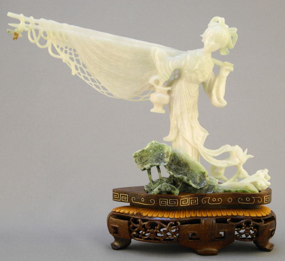 Chinese Hardstone Maiden with Basket (5 3/8") with Stand & Box. (1 of 4)