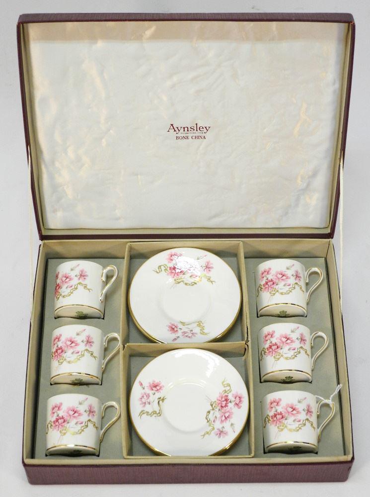Cased Set of Aynsley Bone China Demitasse Cups & Saucers --: Cased Set of Aynsley Bone China Demitasse Cups & Saucers --