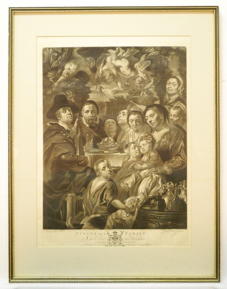 18th Century Engraving After Jordans & Watson 1780, 23" x 16 1/2", "Rubens & Family".: 18th Century Engraving After Jordans & Watson 1780, 23" x 16 1/2", "Rubens & Family".