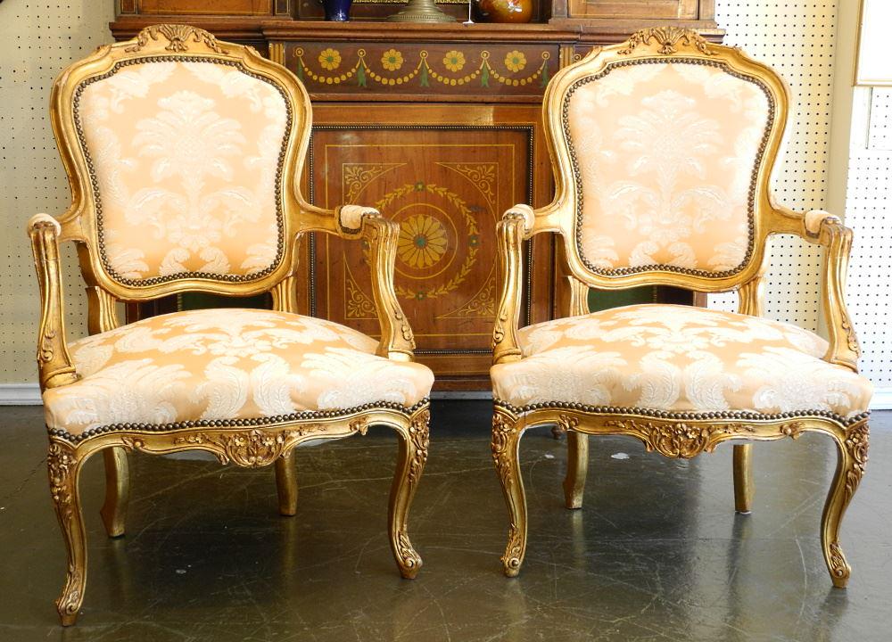 Pair of Louis XV Giltwood Armchairs.: Pair of Louis XV Giltwood Armchairs.