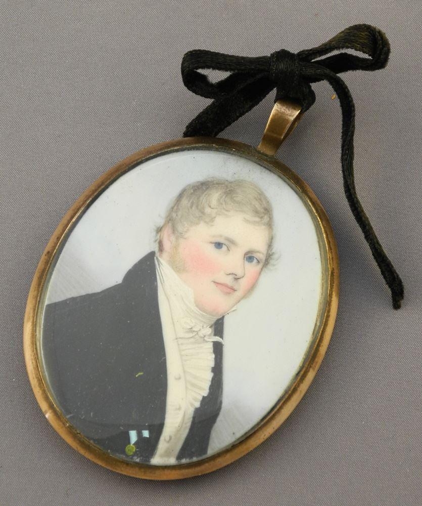 Georgian Portrait Miniature with Painted Hair, 3" High. (1 of 2)