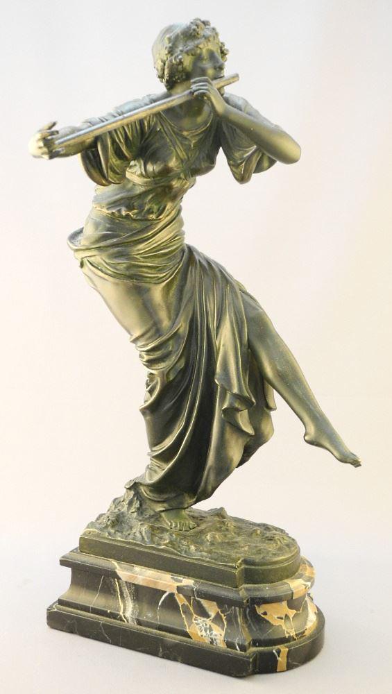 Bronze Figure of a Female Piper on Stone Plinth, Impressed 14, 14 1/2" x 7 1/2" x 7 3/4". (1 of 10)
