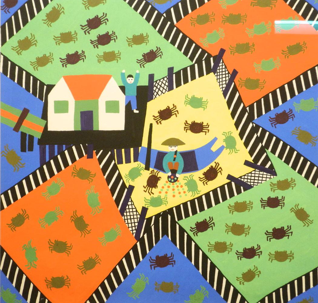 Chinese Tempera on Paper attrib. to Song JQ, 23" x 23", "Crabbing".: Chinese Tempera on Paper attrib to Song JQ, 23" x 23", "Crabbing".