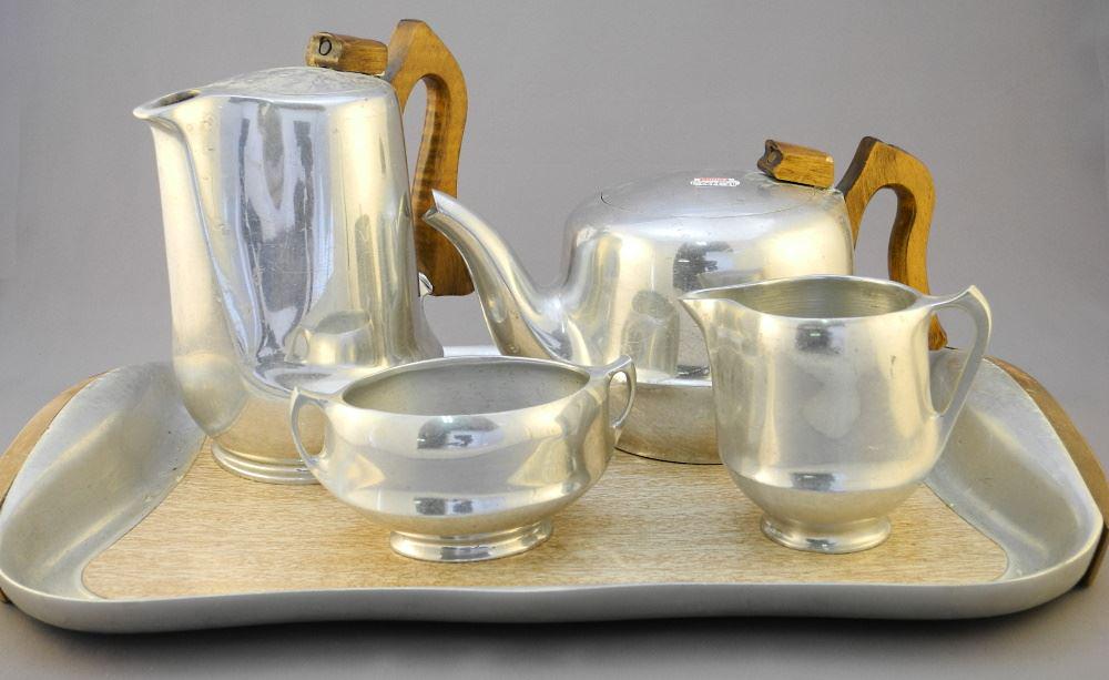 Picquot Ware Tea & Coffee Pots with Cream, Sugar & Tray, 17" wide. (1 of 5)
