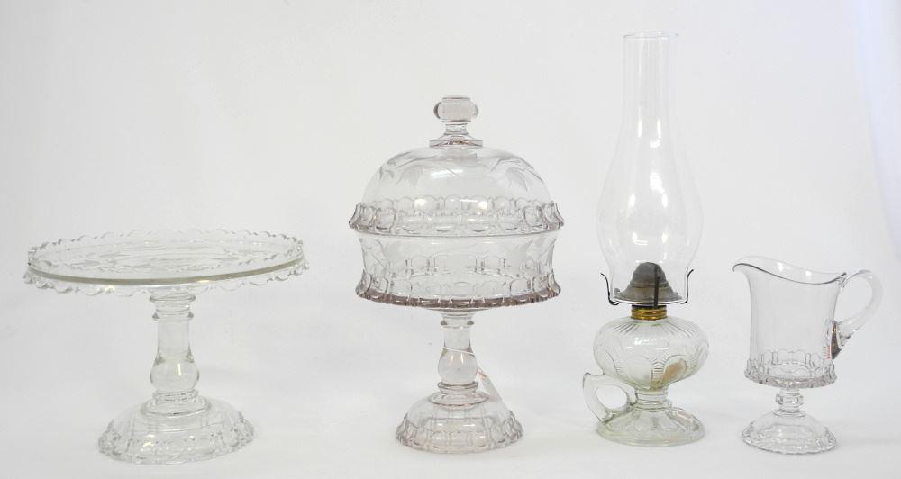 3 Pieces Adam & Company "Apollo" Pressed Glass Wares (Cake Plate Re- Stored) & a Lamp. (1 of 5)