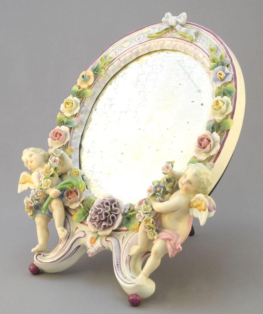 European Porcelain Figural Dresser Mirror, 12" x 8 3/4" x 2 3/8", Chips & De-silvering Noted.: European Porcelain Figural Dresser Mirror, 12" x 8 3/4" x 2 3/8", Chips & De-silvering Noted.