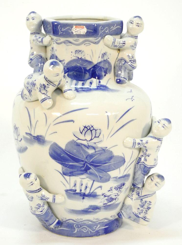 Modern Chinese Blue & White Porcelain "Boys" Vase, 13 1/4" High. (1 of 3)