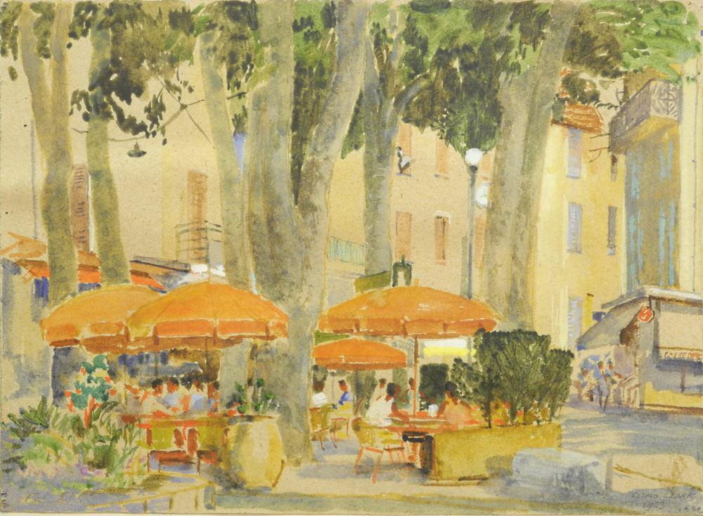 Watercolour Signed Cosmo Clark 1963, 18" x 15", "Cafe Scene Venice".: Watercolour Signed Cosmo Clark 1963, 18" x 15", "Cafe Scene Venice".