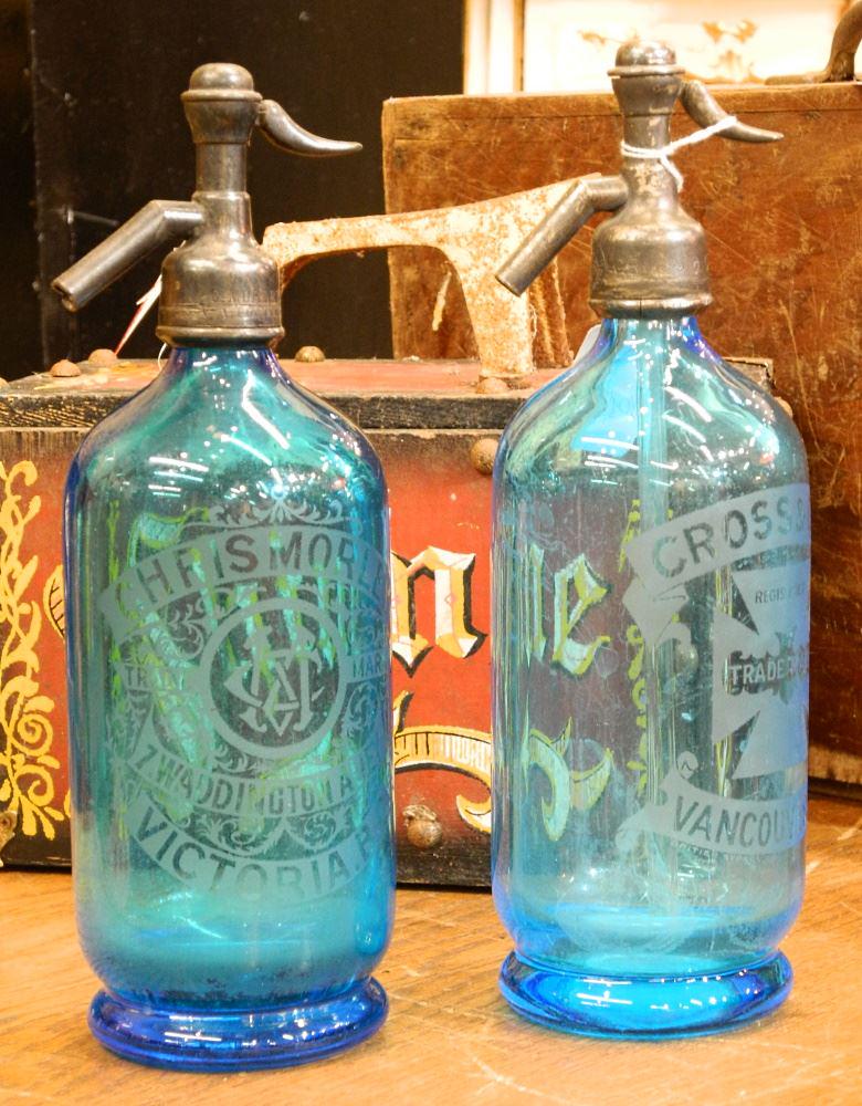 2 Blue Glass Soda Syphons: Chris Morley/ Cross & Co., As Found, 11 1/2" & 11 3/4".: 2 Blue Glass Soda Syphons: Chris Morley/ Cross & Co., As Found, 11 1/2" & 11 3/4".