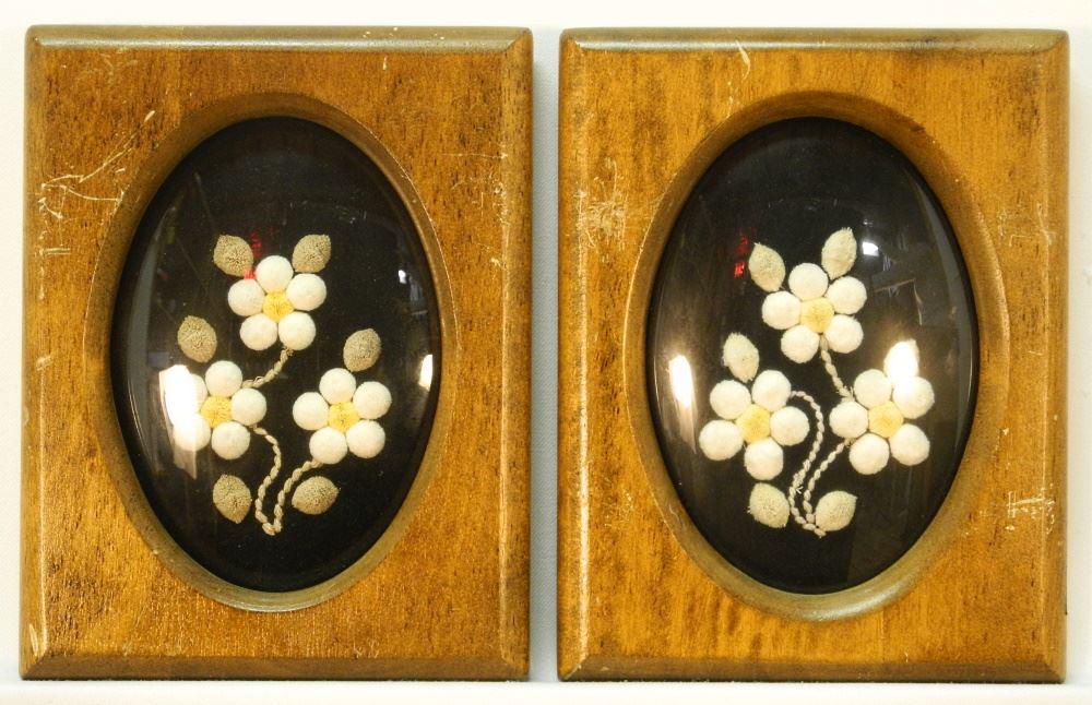 Pair of Moose Hair Tufted Floral Textile Works, 6 3/4" x 4 1/2". (1 of 2)