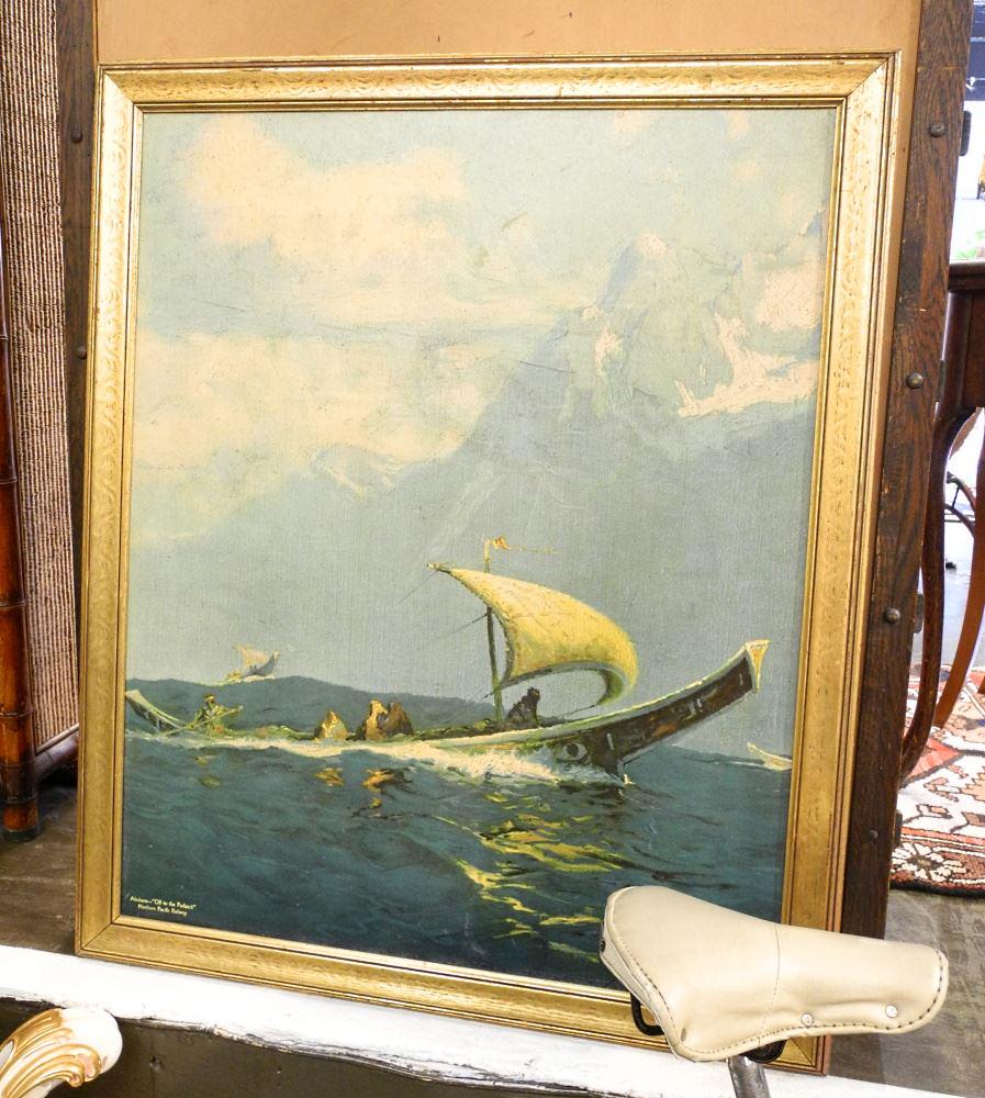 Lithograph After Sydney Laurence, 31 3/4" x 25 1/2", "Alaskans- Off to The Potlatch", NPR. (1 of 2)