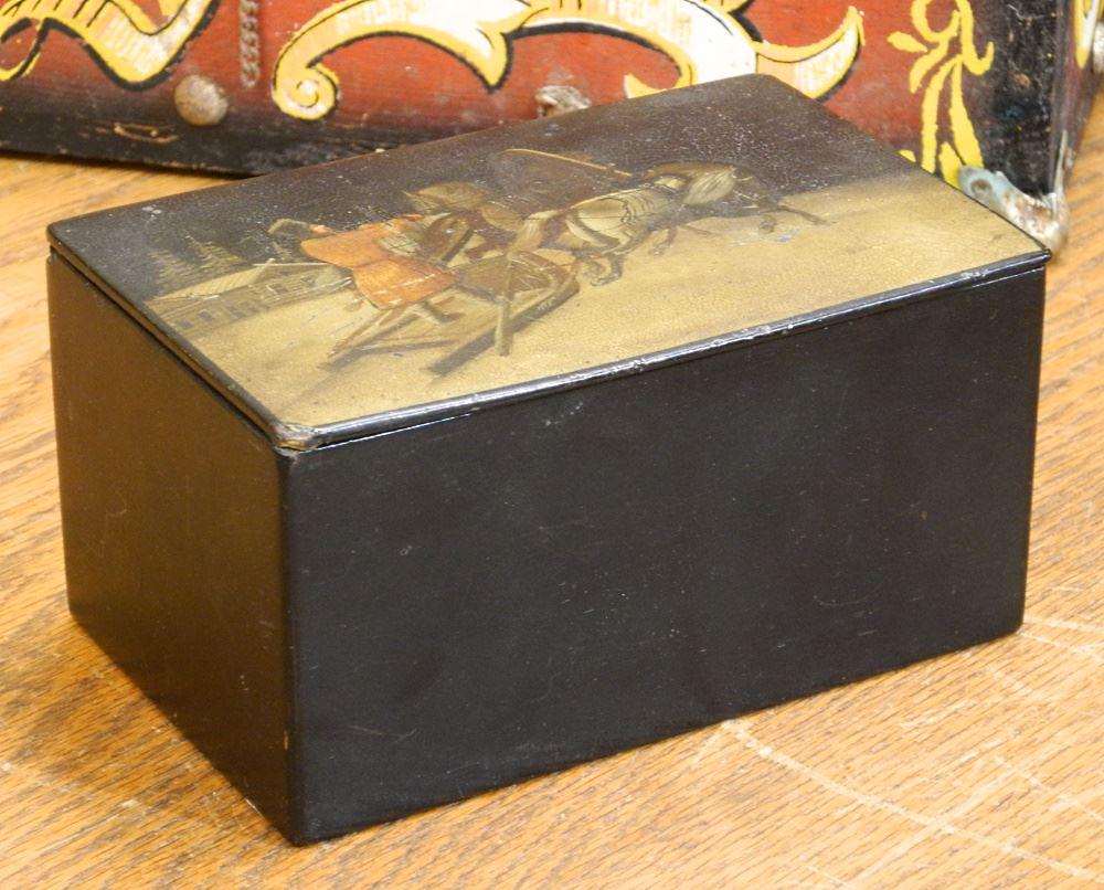 Russian Lacquer "Troika" Tea Caddy, 3 1/4" x 6 1/8", Scuffs Noted. (1 of 2)