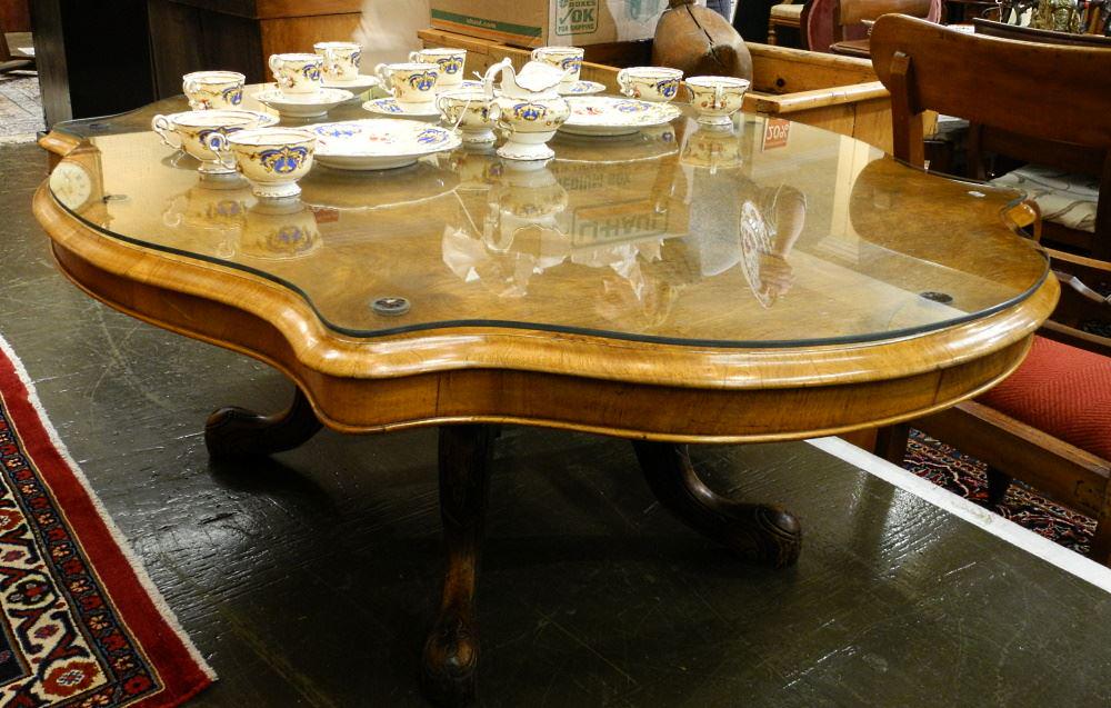 Victoria Burr Walnut Loo Table, Height Reduced, 56" Length. (1 of 5)