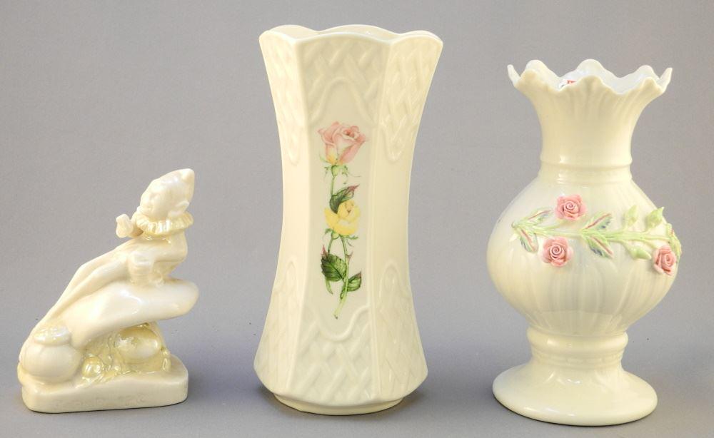 3 Pieces of Belleek China: 1 Figure & 2 Vases, Tallest 7". (1 of 3)