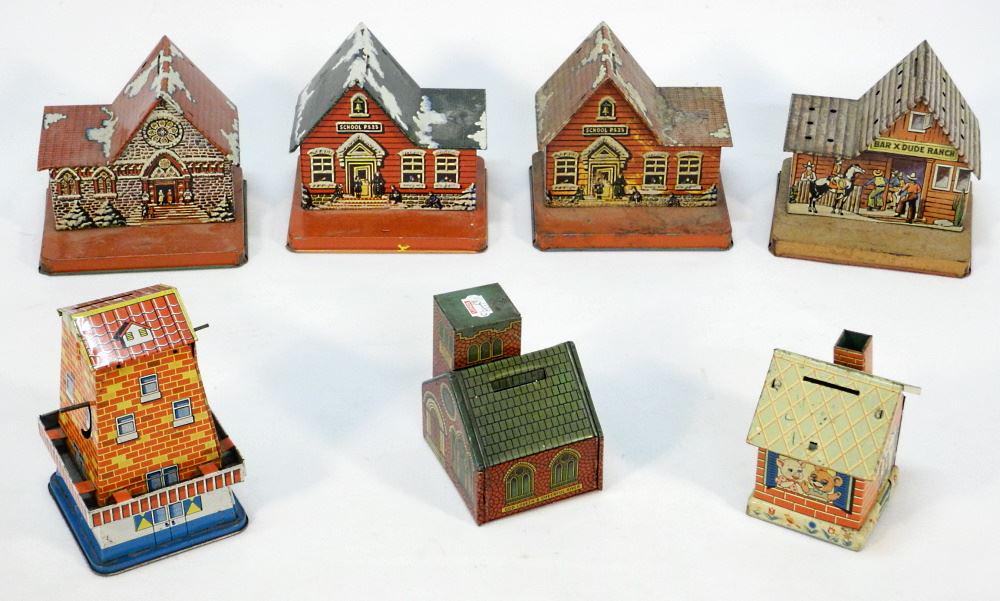 Collection of 7 Tin Coin Banks "Buildings", 6" High. (1 of 1)