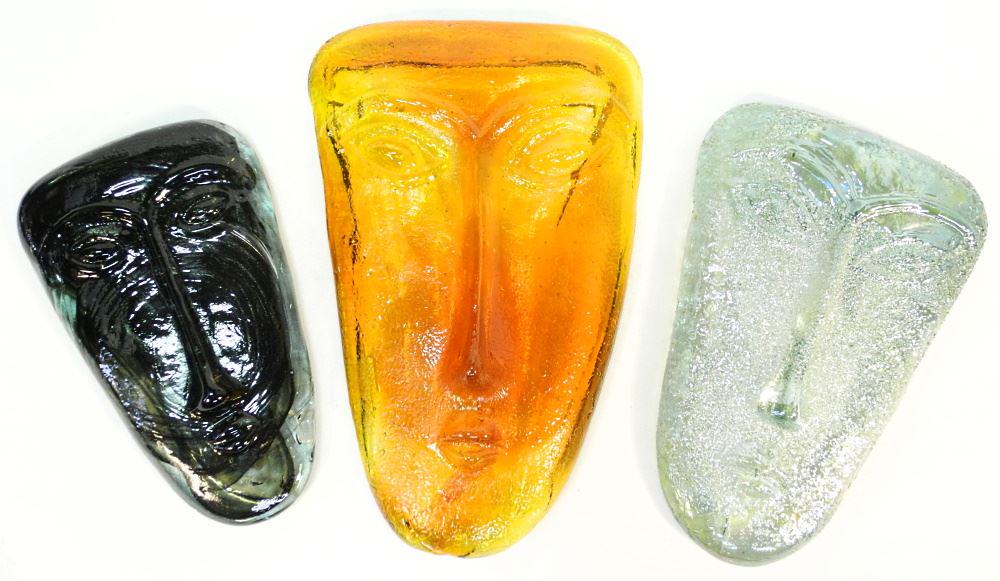 3 Glass Face Masks Attributed to G.& R. Lio Jaramilo, 7 1/2" - 10".: 3 Glass Face Masks Attributed to G.& R. Lio Jaramilo, 7 1/2" - 10".