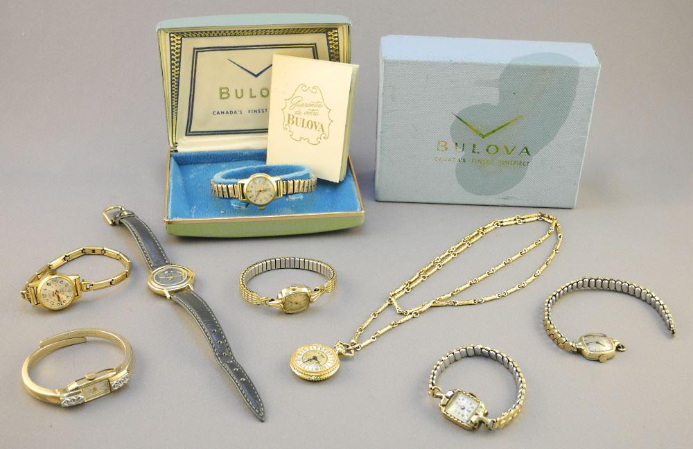 Bulova Box with Various Estate Vintage & Other Ladies Wristwatches.: Bulova Box with Various Estate Vintage & Other Ladies Wristwatches.