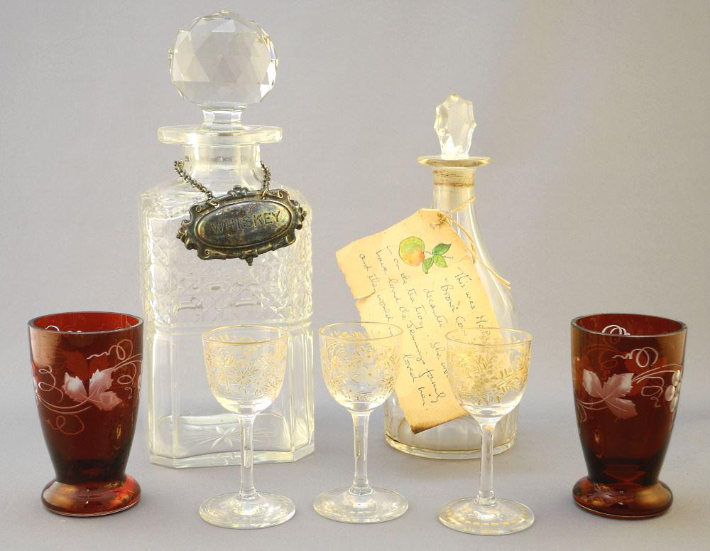 Collection Containing 2 Decanters & 5 Glasses (2 Ruby Flash), 9" high. (1 of 3)