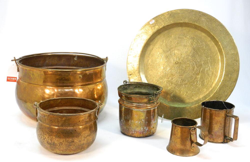 5 Pieces of Copper: Cauldron/ 2 Cups/ 2 Pots & a Chinese Brass Dish, 18" Diameter.: 5 Pieces of Copper: Cauldron/ 2 Cups/ 2 Pots & a Chinese Brass Dish, 18" Diameter.