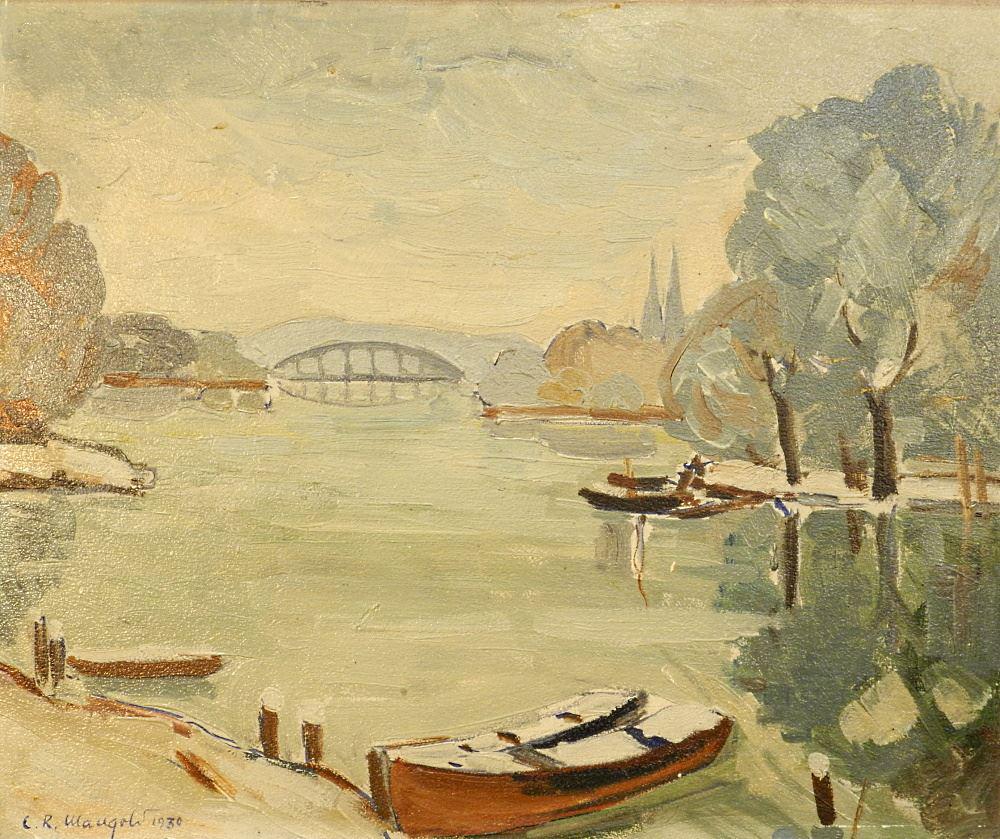 Oil on Board signed C.(Carl) R. Mangold 1930, 19 3/8" x 23 1/8", Untitled- River Scene. (1 of 7)