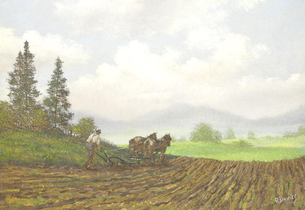 Oil on Canvas Signed R.(Ronald) Davies, 18 3/4" x 26 7/8", "Eastern Townships Que.".: Oil on Canvas Signed R.(Ronald) Davies, 18 3/4" x 26 7/8", "Eastern Townships Que.".