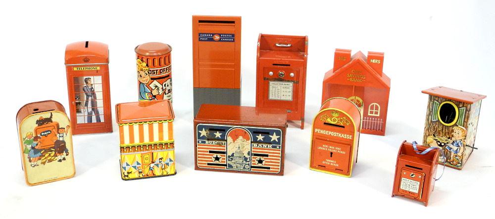 Collection of 11 Tin Coin Banks "Post Boxes", 8 1/2" High. (1 of 2)